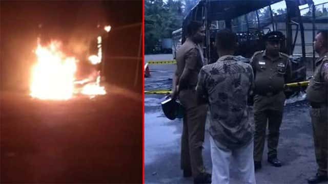 Luxury bus torched at Kaduwela Bus Stand