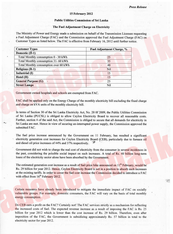 Fuel surcharge imposed on Electricity bills, 25-40% on households