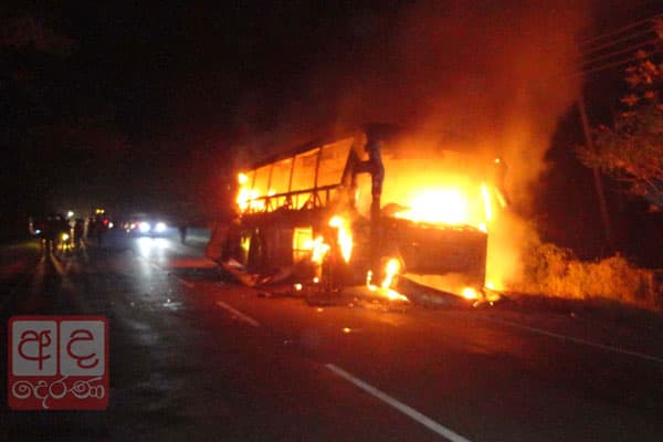 VIDEO: Jaffna-bound private bus gutted in fire