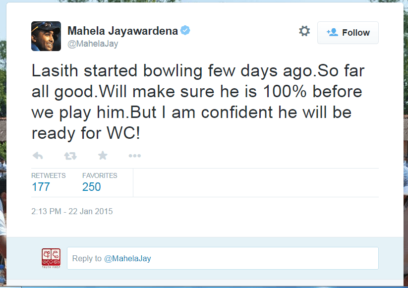 Jayawardene ‘confident’ Malinga will be ready for World Cup