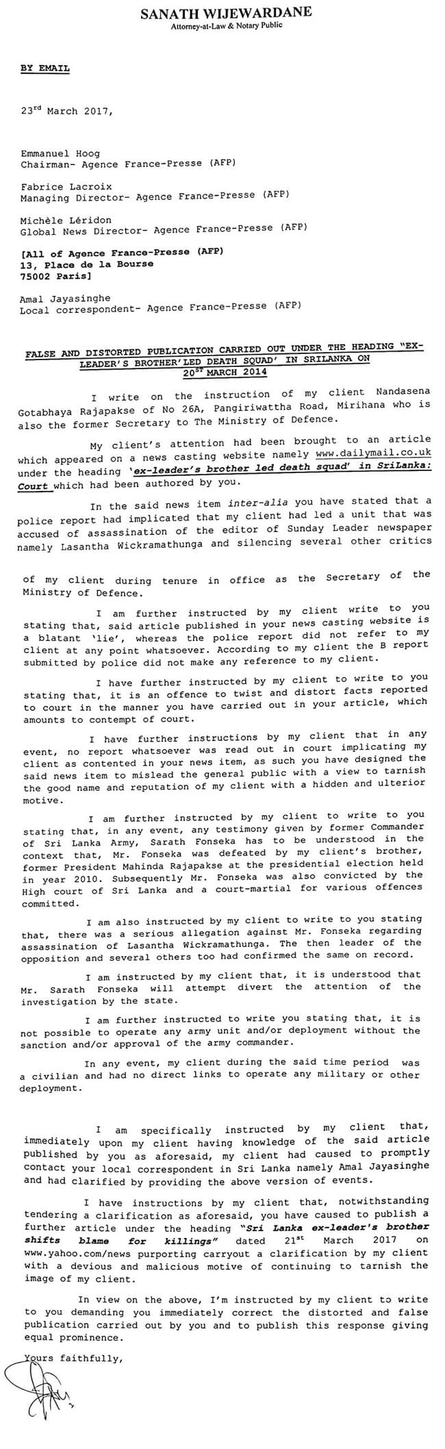 Gotabaya responds to AFP’s “death squad” article