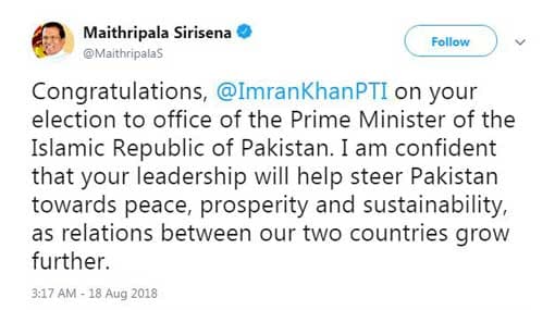 President tweets is well wishes to new Pakistani Premier Imran Khan