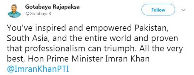 Gotabhaya congratulates Imran khan via twitter