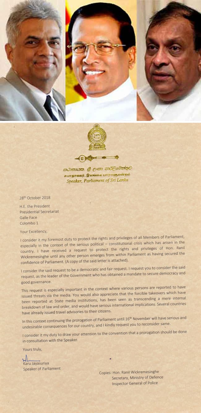 Speaker informs President of UNP request to defend Ranil’s rights