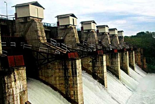 Sluice gates of Lunugamwehera Reservoir opened