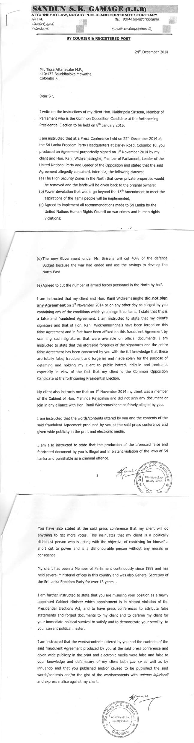 Maithri sends letter of demand to Minister Attanayake