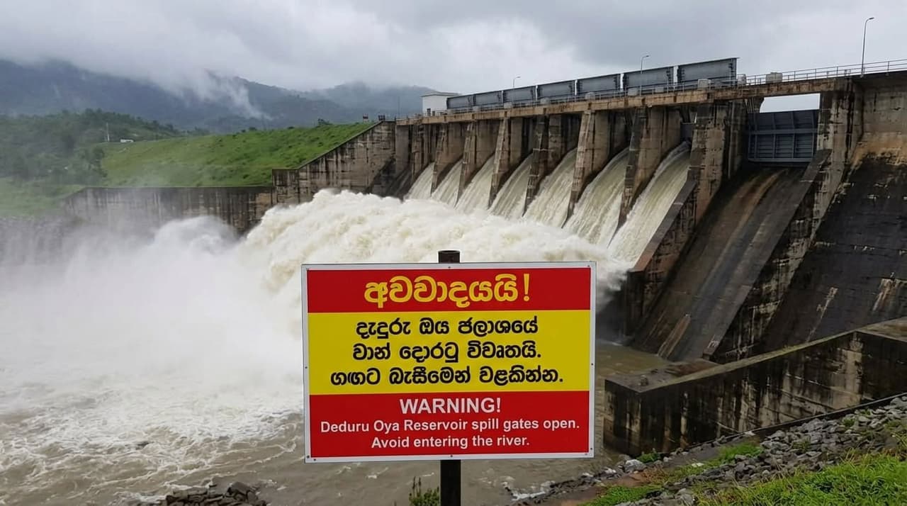 Two spill gates of Daduru Oya Reservoir opened